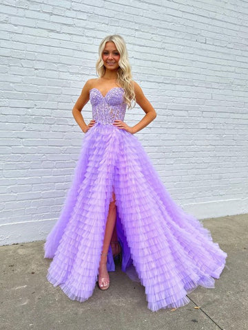 Strapless Ruffle Purple Lace Long Prom Dresses with High Slit, Purple Lace Formal Dresses, Long Purple Evening Dresses SP3042