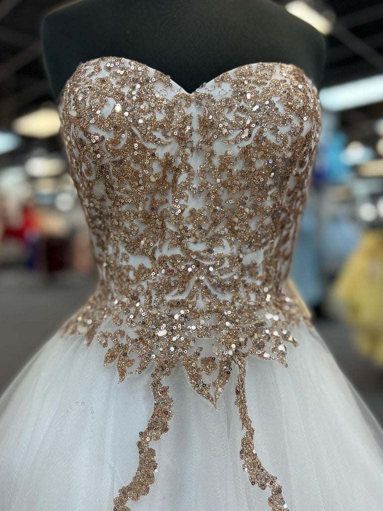 Strapless Shiny Champagne Sequins White Prom Dresses, White Tulle Home Shiny Party Strapless Shiny Champagne Sequins White Prom Dresses, White Tulle Home Shiny Party