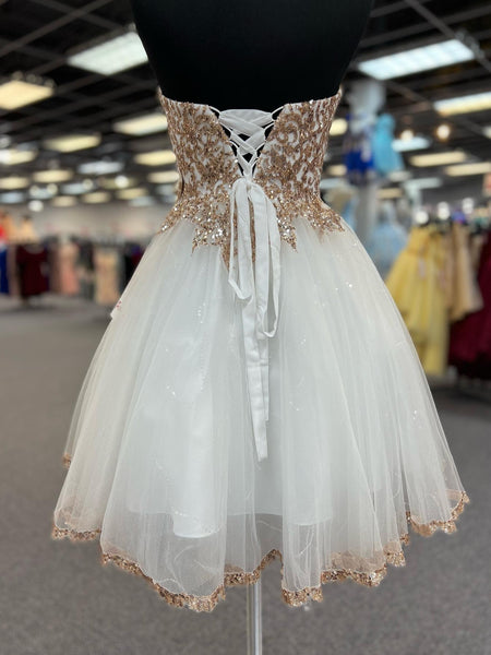 Strapless Shiny Champagne Sequins White Prom Dresses, White Tulle Homecoming Dresses with Sequins, White Formal Evening Dresses SP2978