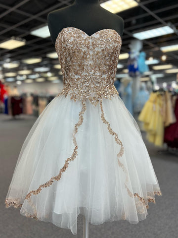 Strapless Shiny Champagne Sequins White Prom Dresses, White Tulle Homecoming Dresses with Sequins, White Formal Evening Dresses SP2978