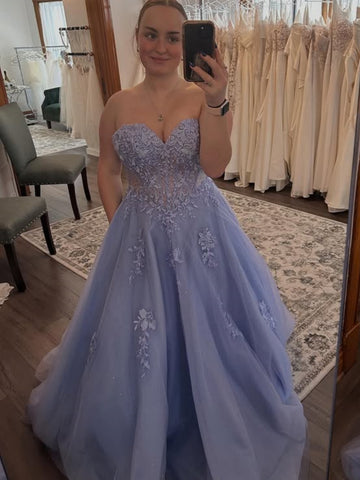 Strapless Sweetheart Neck Blue Lace Long Prom Dresses, Blue Lace Formal Dresses, Blue Evening Dresses SP3402