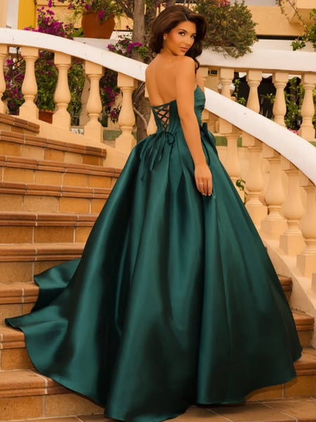 Strapless Sweetheart Neck Emerald Green Satin Long Prom Dresses, Long Green Formal Graduation Evening Dresses SP3360