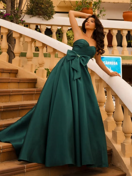 Strapless Sweetheart Neck Emerald Green Satin Long Prom Dresses, Long Green Formal Graduation Evening Dresses SP3360