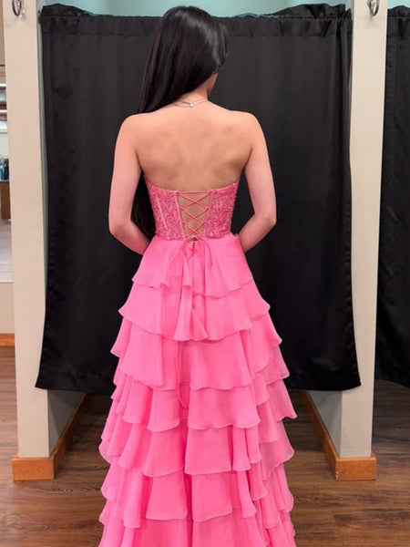 Strapless Sweetheart Neck Layered Hot Pink Lace Long Prom Dresses, Hot Pink Lace Formal Graduation Evening Dresses SP3130