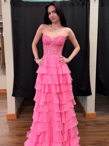 Strapless Sweetheart Neck Layered Hot Pink Lace Long Prom Dresses, Hot Pink Lace Formal Graduation Evening Dresses SP3130