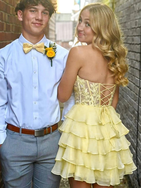 Strapless Sweetheart Neck Layered Yellow Lace Short Prom Dresses, Yellow Lace Homecoming Dresses, Yellow Formal Graduation Evening Dresses SP3245