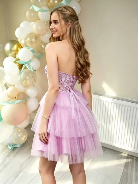 Strapless Sweetheart Neck Lilac Lace Short Prom Dresses, Lilac Lace Homecoming Dresses SP3482
