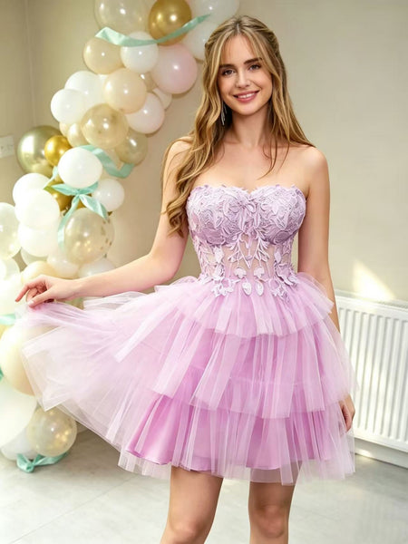Strapless Sweetheart Neck Lilac Lace Short Prom Dresses, Lilac Lace Homecoming Dresses SP3482