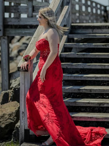 Strapless Sweetheart Neck Red Lace Long Prom Dresses, Red Lace Formal Graduation Evening Dresses SP3108