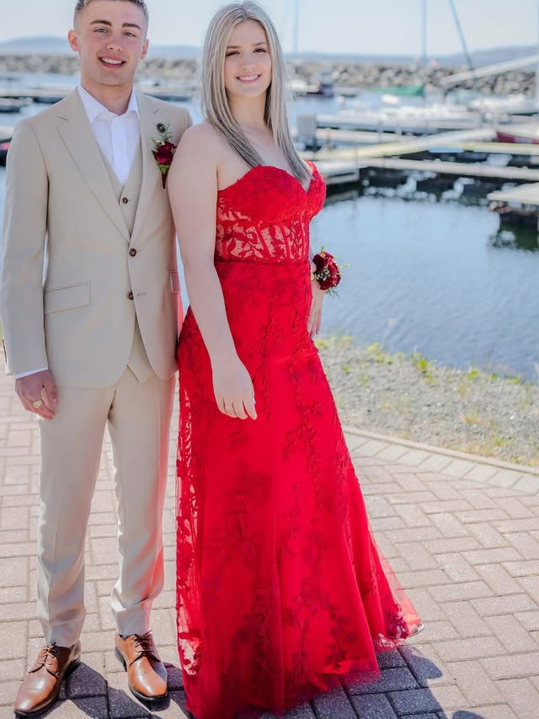 Strapless Sweetheart Neck Red Lace Long Prom Dresses, Red Lace Formal Shiny Party Strapless Sweetheart Neck Red Lace Long Prom Dresses, Red Lace Formal Shiny Party