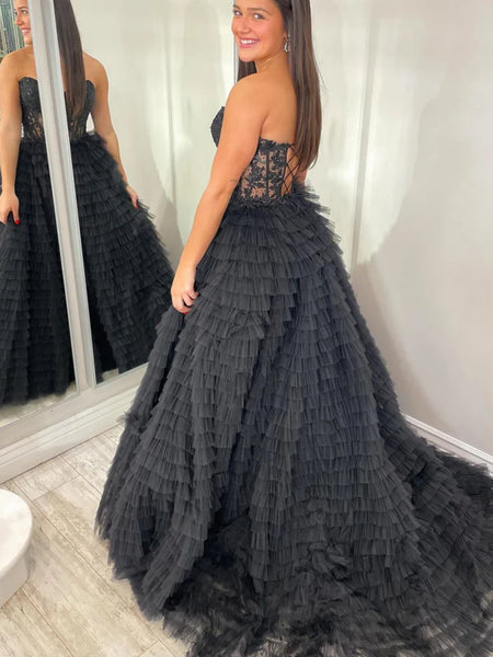 Strapless Sweetheart Neck Ruffle Black Lace Long Prom Dresses, Black Lace Formal Evening Dresses Black Ball Gown SP3138