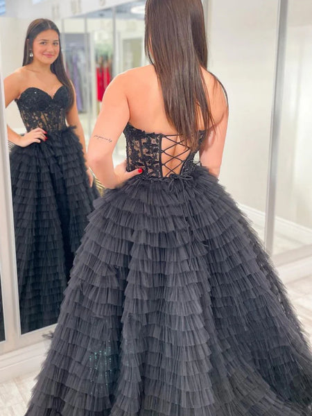 Strapless Sweetheart Neck Ruffle Black Lace Long Prom Dresses, Black Lace Formal Evening Dresses Black Ball Gown SP3138