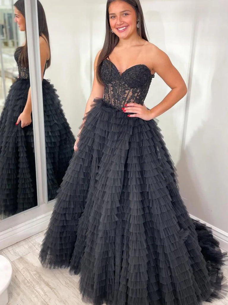 Strapless Sweetheart Neck Ruffle Black Lace Long Prom Dresses, Black L Shiny Party Strapless Sweetheart Neck Ruffle Black Lace Long Prom Dresses, Black L Shiny Party