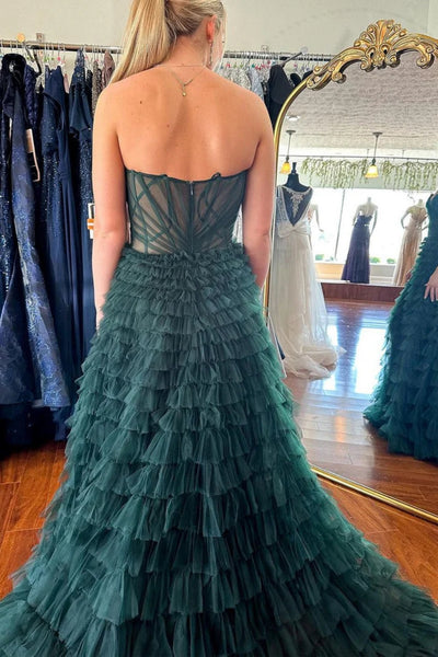 Strapless Sweetheart Neck Ruffle Dark Green Tulle Long Prom Dresses with Train, Dark Green Formal Graduation Evening Dresses SP3119