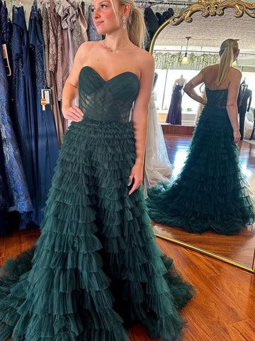 Strapless Sweetheart Neck Ruffle Dark Green Tulle Long Prom Dresses with Train, Dark Green Formal Graduation Evening Dresses SP3119