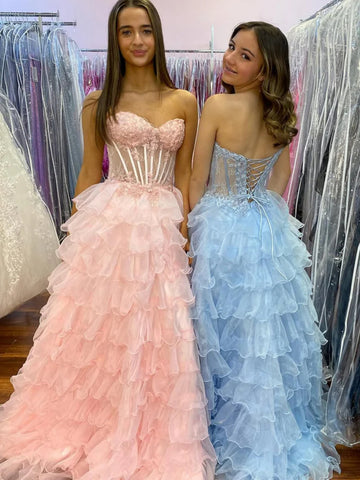 Strapless Sweetheart Neck Ruffle Pink/Light Blue Lace Long Prom Dresses, Pink/Light Blue Lace Formal Evening Dresses, Ball Gown