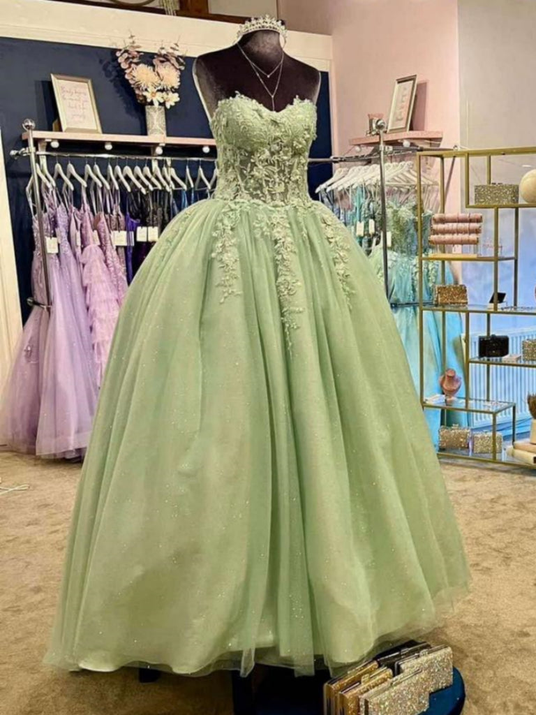 Strapless Sweetheart Neck Sage Lace Long Prom Dresses, Sage Lace Formal Dresses, Sage Evening Dresses SP3238