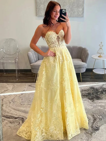 Strapless Sweetheart Neck Yellow Lace Long Prom Dresses, Yellow Lace Formal Dresses, Yellow Evening Dresses SP3350