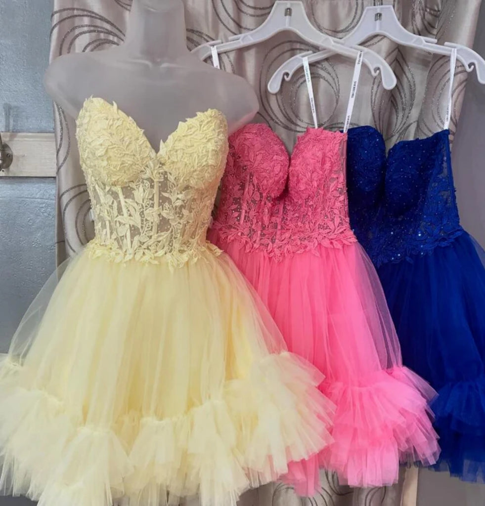 Strapless Sweetheart Neck Yellow Lace Short Prom Dresses, Yellow Lace Shiny Party Strapless Sweetheart Neck Yellow Lace Short Prom Dresses, Yellow Lace Shiny Party