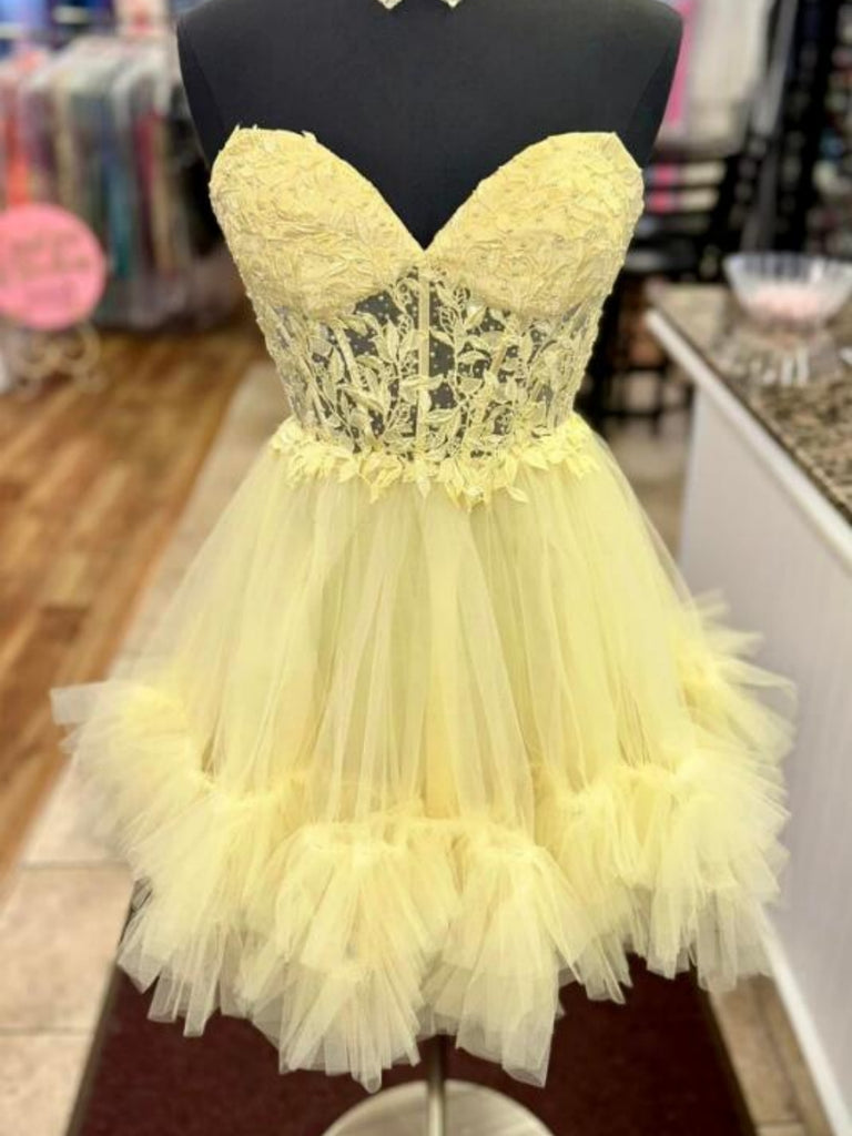Strapless Sweetheart Neck Yellow Lace Short Prom Dresses, Yellow Lace Shiny Party Strapless Sweetheart Neck Yellow Lace Short Prom Dresses, Yellow Lace Shiny Party