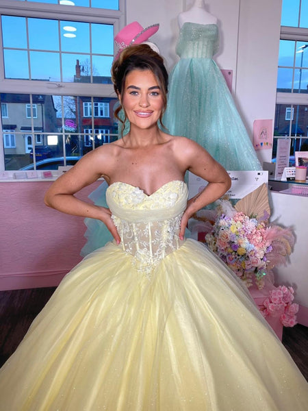 Strapless Sweetheart Neck Yellow Tulle Long Prom Dresses, Yellow Lace Formal Evening Dresses, Yellow Ball Gown with Train SP3448