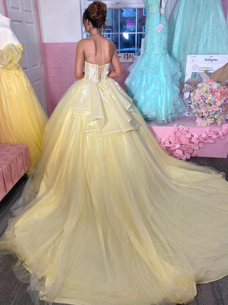 Strapless Sweetheart Neck Yellow Tulle Long Prom Dresses, Yellow Lace Formal Evening Dresses, Yellow Ball Gown with Train SP3448