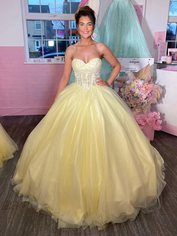 Strapless Sweetheart Neck Yellow Tulle Long Prom Dresses, Yellow Lace Formal Evening Dresses, Yellow Ball Gown with Train SP3448