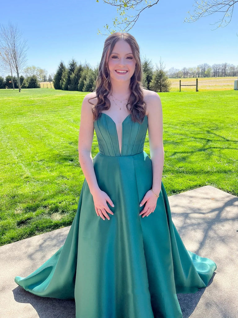 Strapless V Neck Green Long Prom Dresses, V Neck Green Formal Dresses, Shiny Party Strapless V Neck Green Long Prom Dresses, V Neck Green Formal Dresses, Shiny Party
