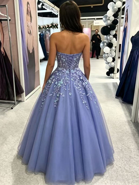 Strapless V Neck Lavender Lace Long Prom Dresses, Lavender Lace Formal Dresses, Lavender Evening Dresses SP3513