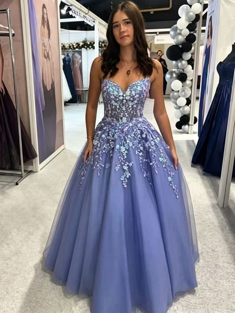 Strapless V Neck Lavender Lace Long Prom Dresses, Lavender Lace Formal Dresses, Lavender Evening Dresses SP3513