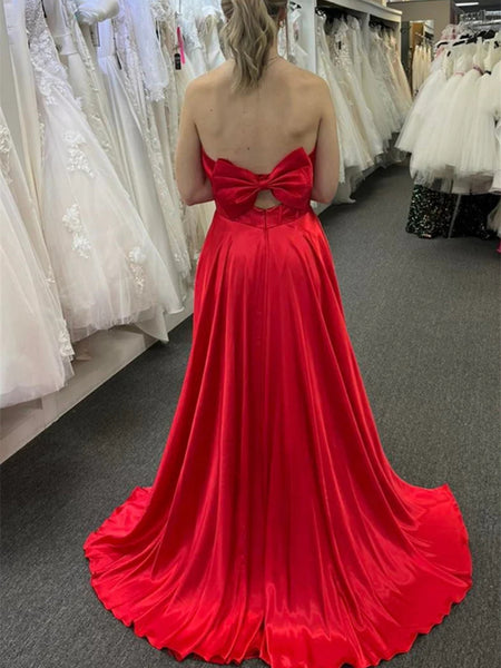 Strapless V Neck Red Long Prom Dresses with High Slit, Open Back Red Formal Dresses, Long Red Evening Dresses SP2802
