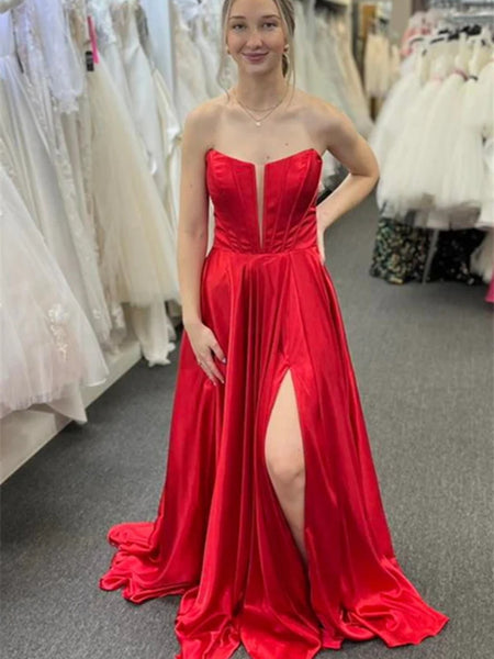 Strapless V Neck Red Long Prom Dresses with High Slit, Open Back Red F