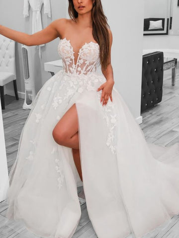 Strapless V Neck White Lace Long Prom Dresses with High Slit, White Lace Formal Evening Dresses, White Wedding Dresses SP2831