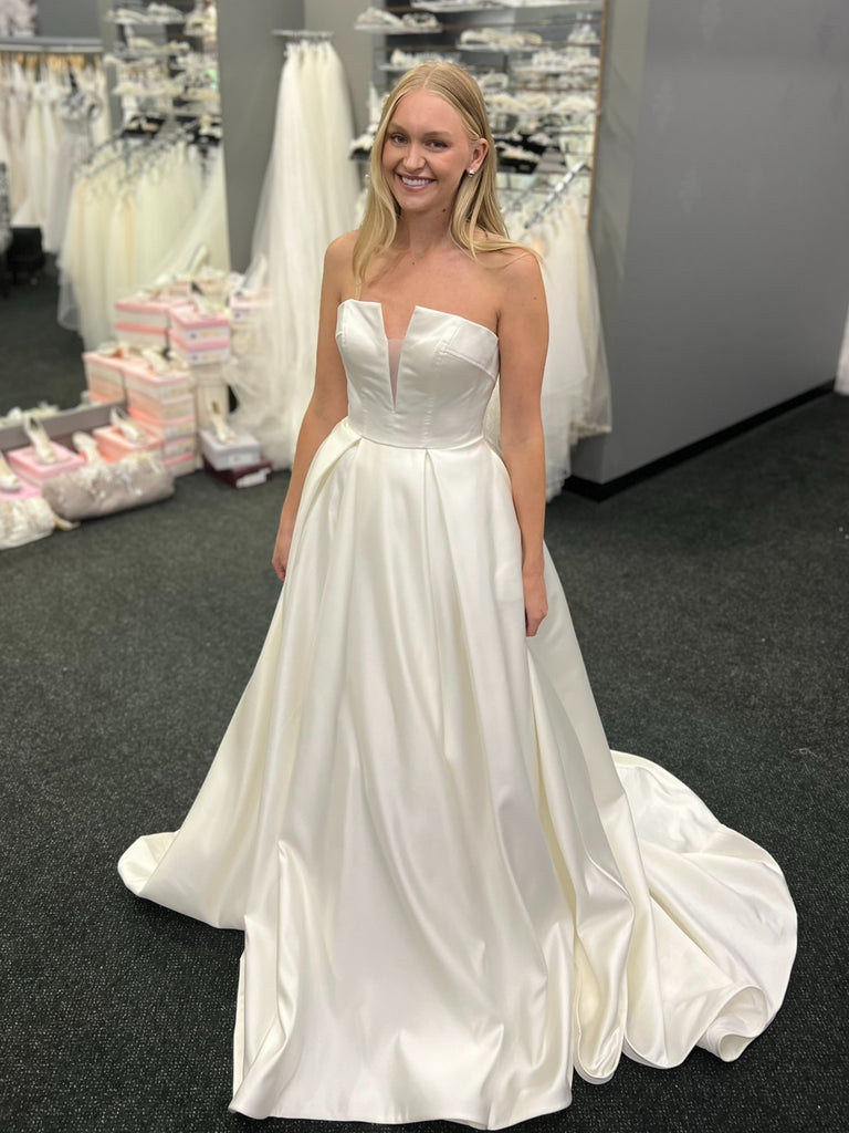 Strapless V Neck White Satin Long Prom Dresses, White Satin Formal Graduation Evening Dresses SP3313