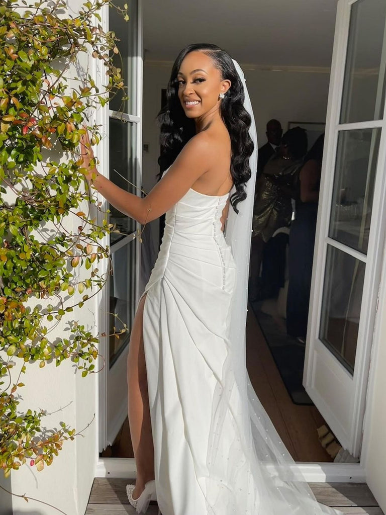 strapless white grad dresses Strapless White Satin Long Prom Dresses with Side Slit, Long White For – Shiny Party