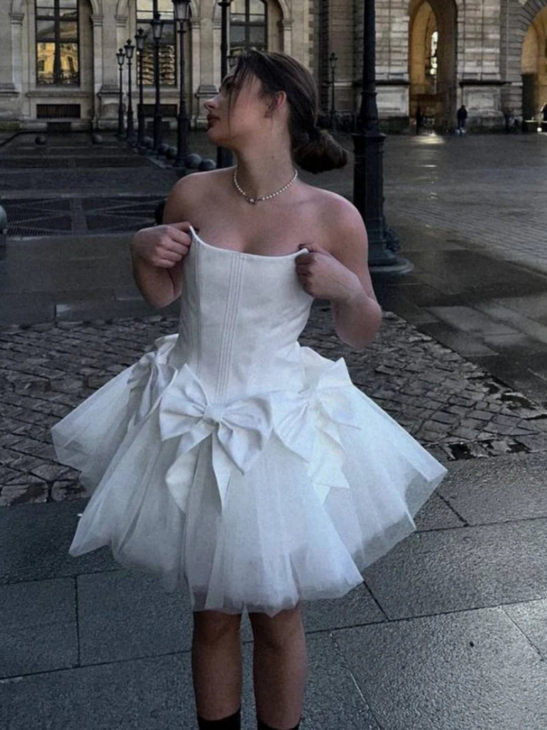 Strapless White Satin Short Prom Dresses, White Homecoming Dresses, Sh Shiny Party Strapless White Satin Short Prom Dresses, White Homecoming Dresses, Sh Shiny Party