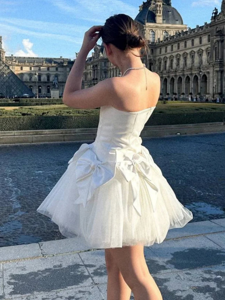Strapless White Satin Short Prom Dresses, White Homecoming Dresses, Sh Shiny Party Strapless White Satin Short Prom Dresses, White Homecoming Dresses, Sh Shiny Party