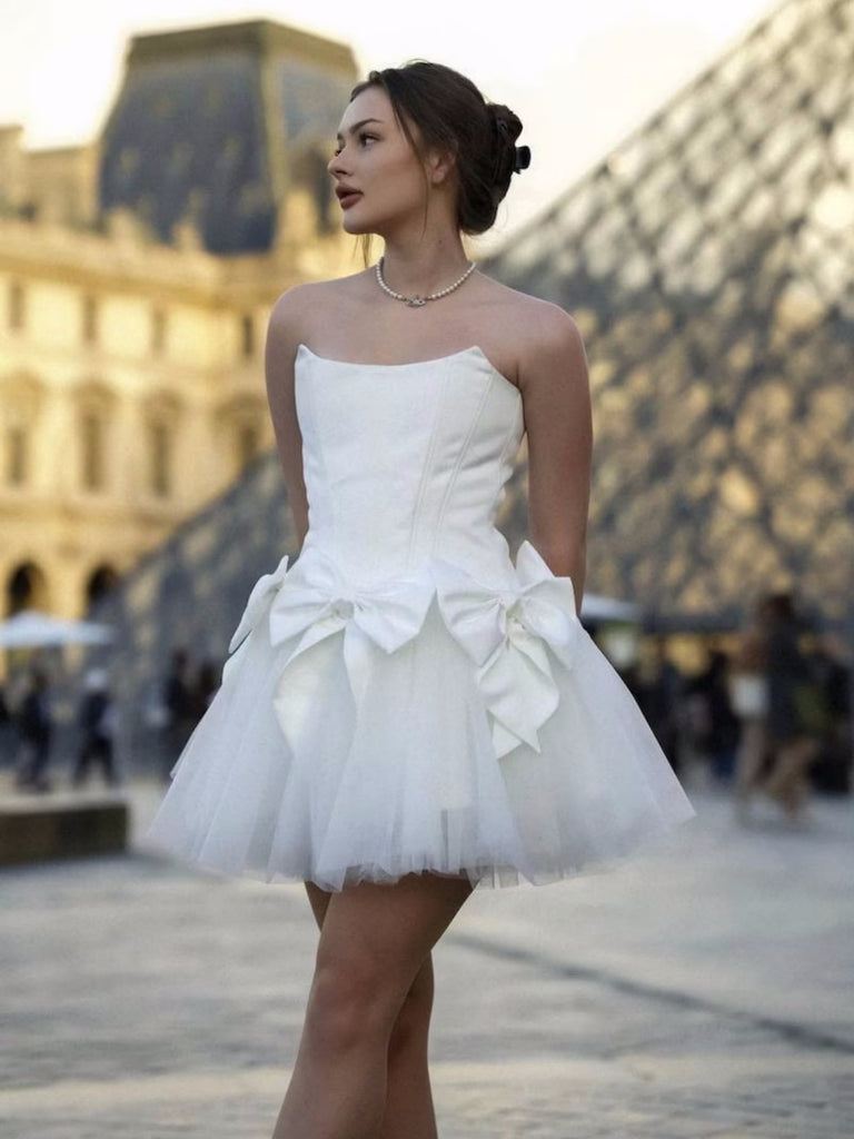 Strapless White Satin Short Prom Dresses, White Homecoming Dresses, Sh Shiny Party Strapless White Satin Short Prom Dresses, White Homecoming Dresses, Sh Shiny Party