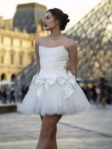 Strapless White Satin Short Prom Dresses, White Homecoming Dresses, Short Formal Evening Dresses SP2984