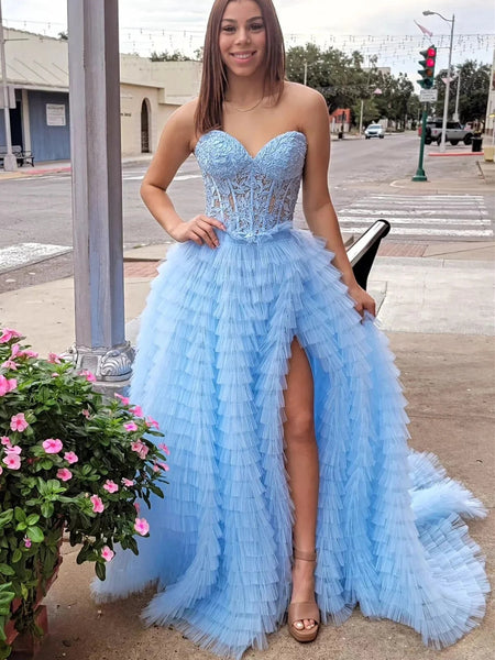 Strapless Yellow/Blue Lace Long Prom Dresses, Open Back Yellow/Blue Formal Dresses, Yellow/Blue Lace Evening Dresses SP2807