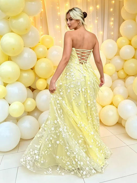 Strapless Yellow Lace Long Prom Dresses, Yellow Formal Graduation Evening Dresses with Appliques SP3497