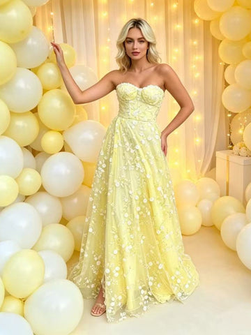 Strapless Yellow Lace Long Prom Dresses, Yellow Formal Graduation Evening Dresses with Appliques SP3497
