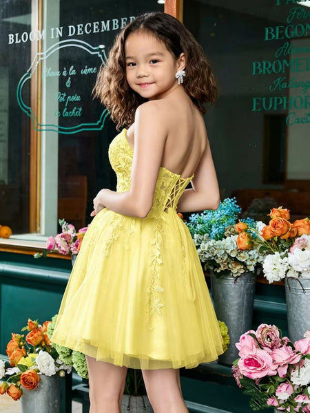 Strapless Yellow Lace Short Prom Dresses, Yellow Lace Homecoming Dresses, Yellow Formal Evening Dresses SP3479