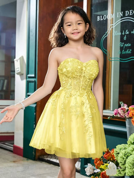 Strapless Yellow Lace Short Prom Dresses, Yellow Lace Homecoming Dresses, Yellow Formal Evening Dresses SP3479
