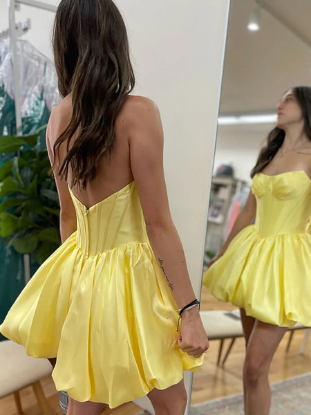 Strapless Yellow Satin Short Prom Dresses, Yellow Homecoming Dresses SP3279
