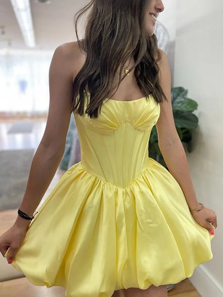 Strapless Yellow Satin Short Prom Dresses, Yellow Homecoming Dresses SP3279