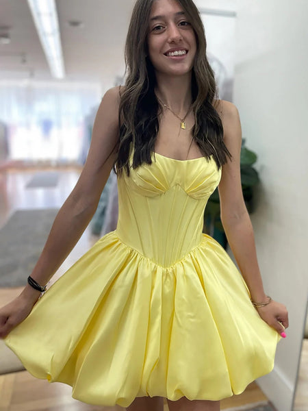 Strapless Yellow Satin Short Prom Dresses, Yellow Homecoming Dresses SP3279