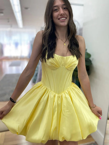 Strapless Yellow Satin Short Prom Dresses, Yellow Homecoming Dresses SP3279