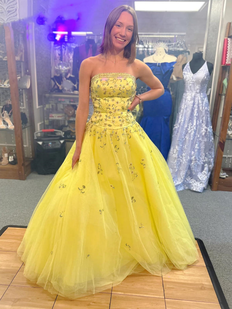 Strapless Yellow Tulle Long Prom Dresses with Appliques, Yellow Formal Evening Dresses SP3289