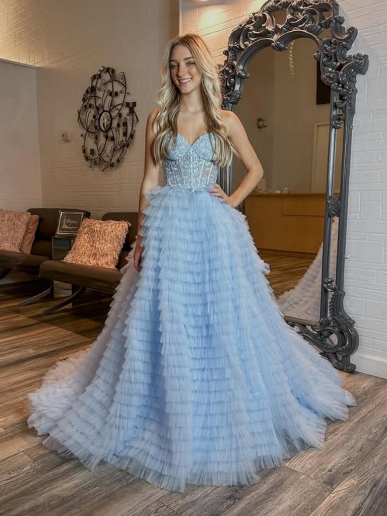 Strapless Yellow/Blue Lace Long Prom Dresses, Open Back Yellow/Blue Formal  Dresses, Yellow/Blue Lace Evening Dresses SP2807